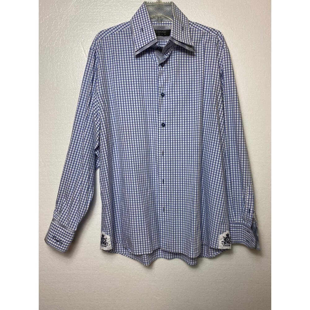 Coogi Luxe Mens Blue White Checkered Long‎ Sleeve Button-Up Shirt  Size Large